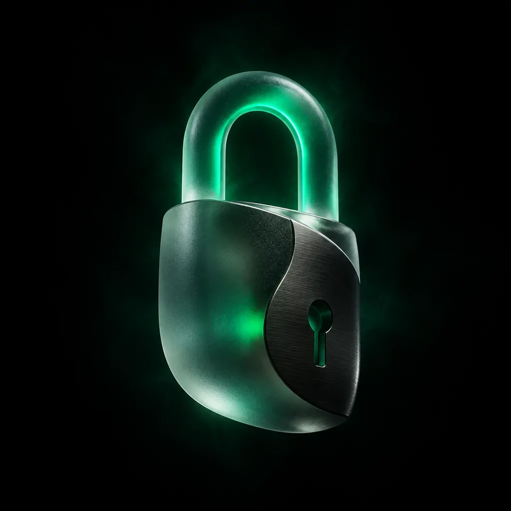 Cadenas en verre dépoli traversé d’une ligne de lumière verte, symbole de cybersécurité