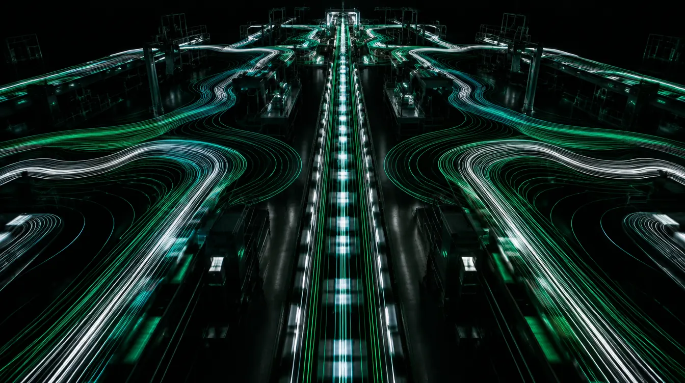 Ligne de production industrielle de nuit, traînées de lumière verte