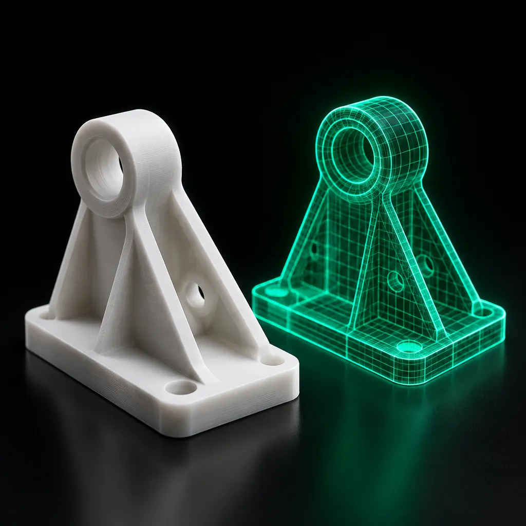 Objet imprimé en 3D et son double lumineux, symbole de produits personnalisés