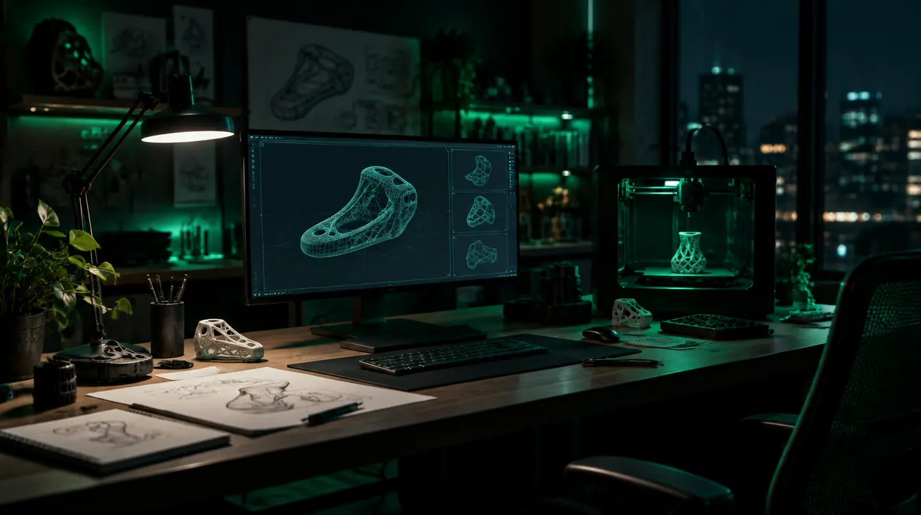 Bureau d’études : écran affichant un modèle CAO filaire et imprimante 3D